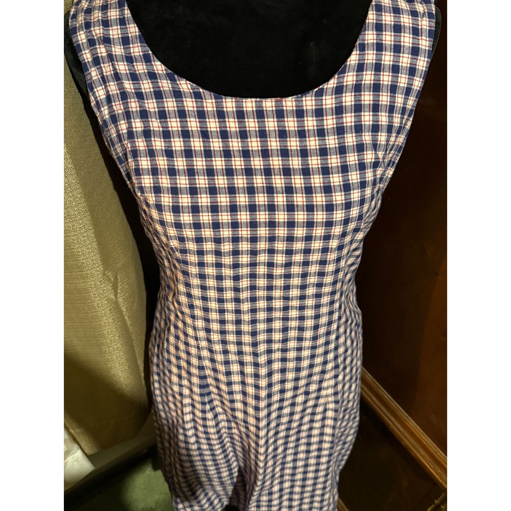 Handmade Plaid Sleeveless Shift Dress Medium Navy Blue Red White - Picture 6 of 8